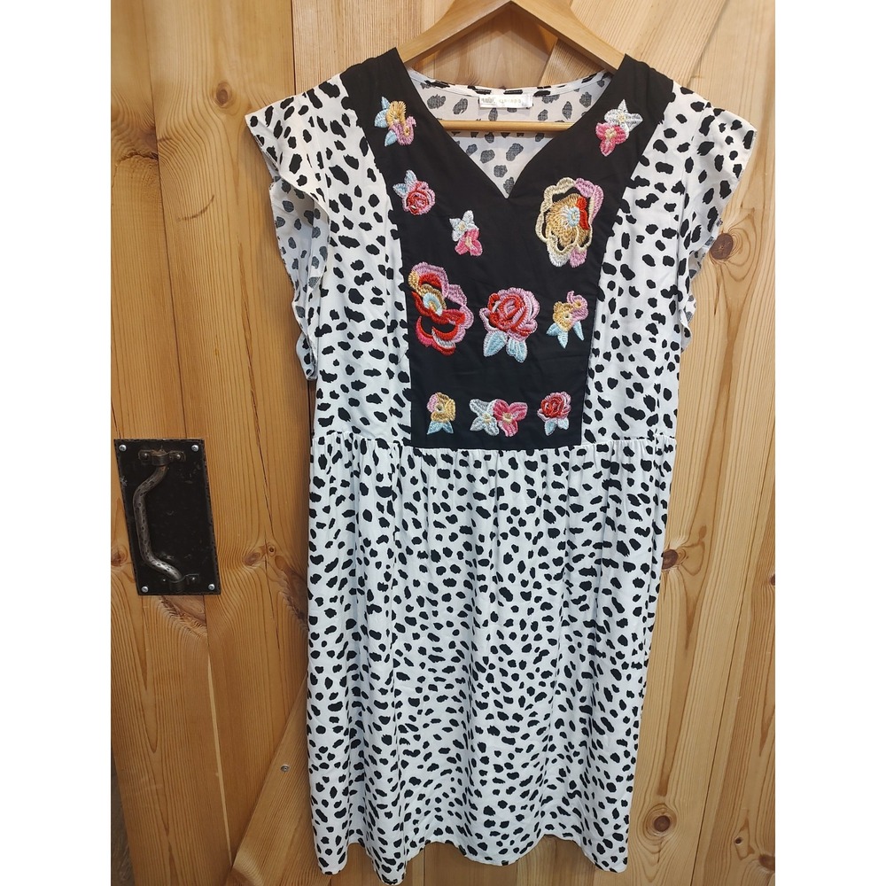 KIRUNDO Black White Spotted Floral Embroidered Boho Dress Flutter Sleeve Large